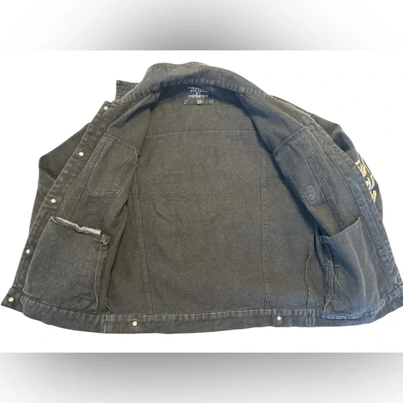 Graphic Black Denim Jacket Punk Streetwear moto Jean Jacket Angel Patch - Picture 7 of 16